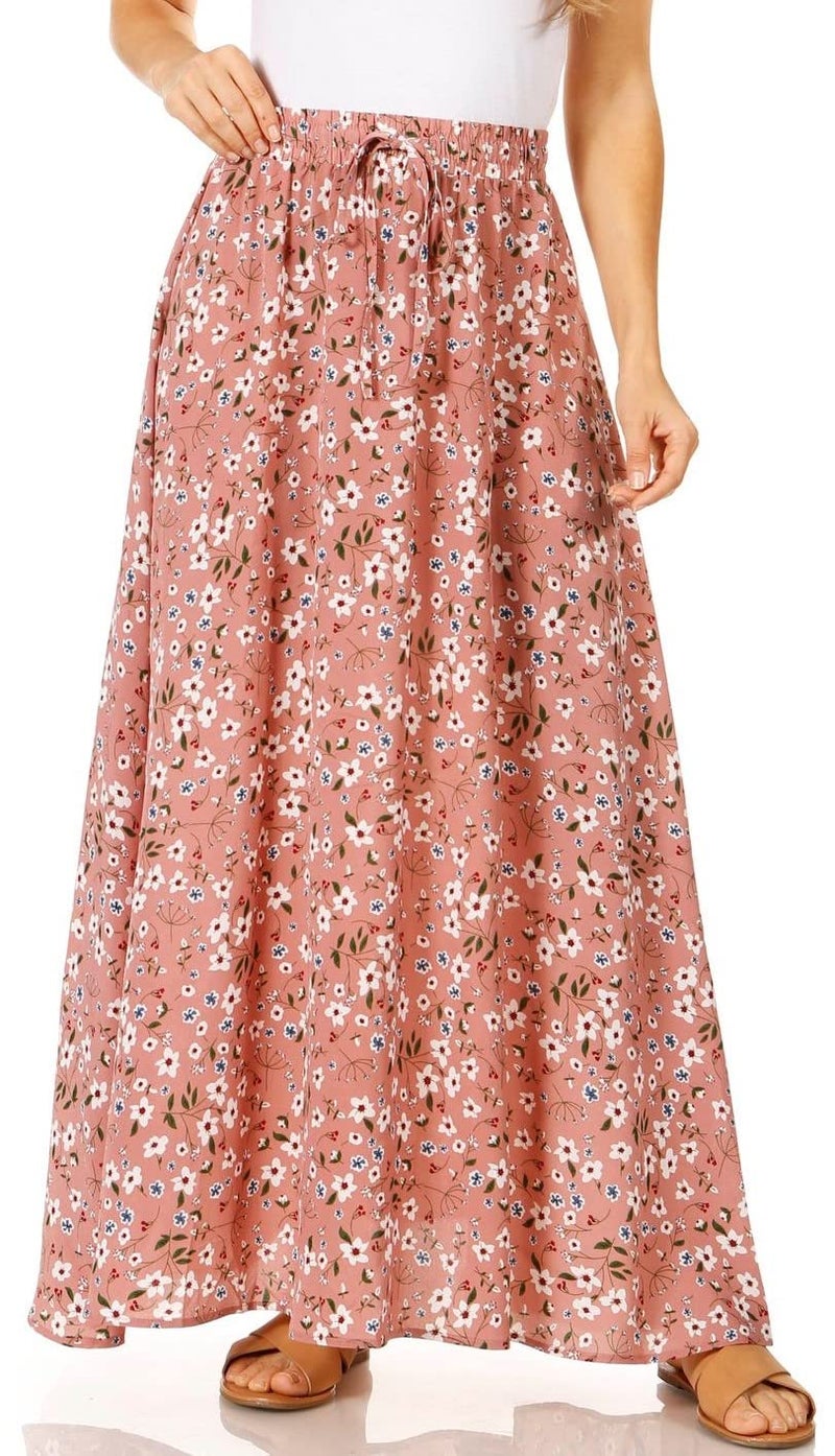 Simlu Pink Floral Maxi Skirts for Women Long Length Reg & Plus Size Skirts for Women & Teens, Summer Beach Coverup Skirt Aline Flowy Elastic High Waisted Midi Womens Skirts (Small, Pink Floral) - Image 1