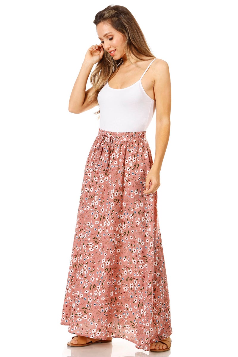 Simlu Pink Floral Maxi Skirts for Women Long Length Reg & Plus Size Skirts for Women & Teens, Summer Beach Coverup Skirt Aline Flowy Elastic High Waisted Midi Womens Skirts (Small, Pink Floral) - Image 2