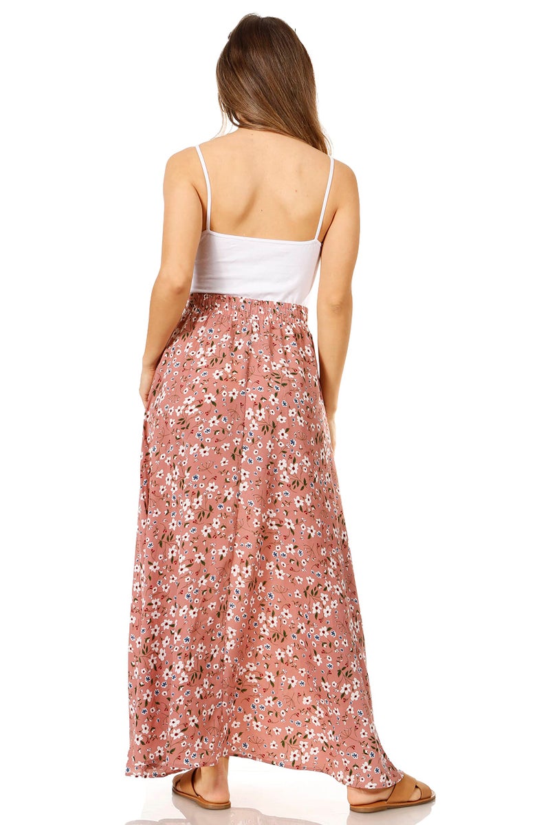 Simlu Pink Floral Maxi Skirts for Women Long Length Reg & Plus Size Skirts for Women & Teens, Summer Beach Coverup Skirt Aline Flowy Elastic High Waisted Midi Womens Skirts (Small, Pink Floral) - Image 5
