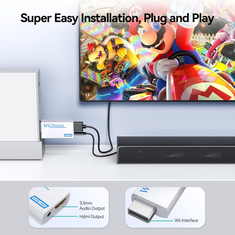GANA Wii to hdmi Converter, wii to hdmi Adapter, 1080p 720p Connector Output Video & 3.5mm Audio - Supports All Wii Display Modes (wii to hdmi White) - Image 2