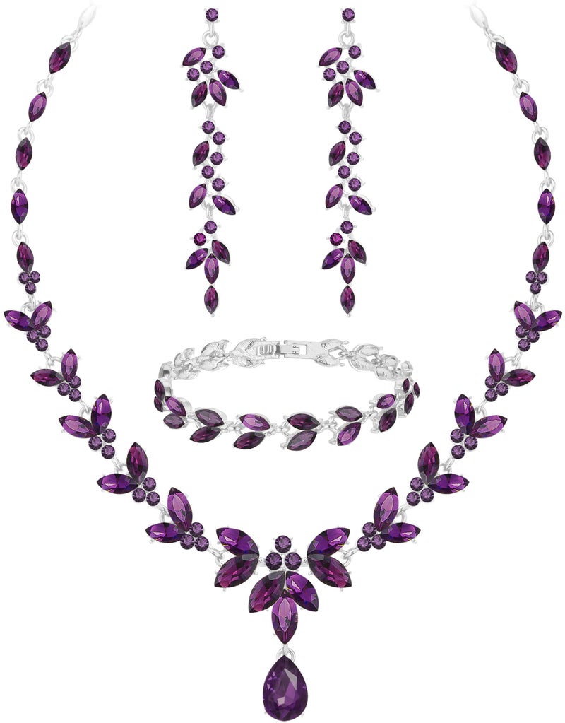 Paxuan Wedding Jewelry Sets for Bride Bridesmaid Bridal Jewelry Set for Women Wedding Crystal Necklace Earrings Bracelet Set for Party Prom Jewelry (Purple - Silver) - Image 1