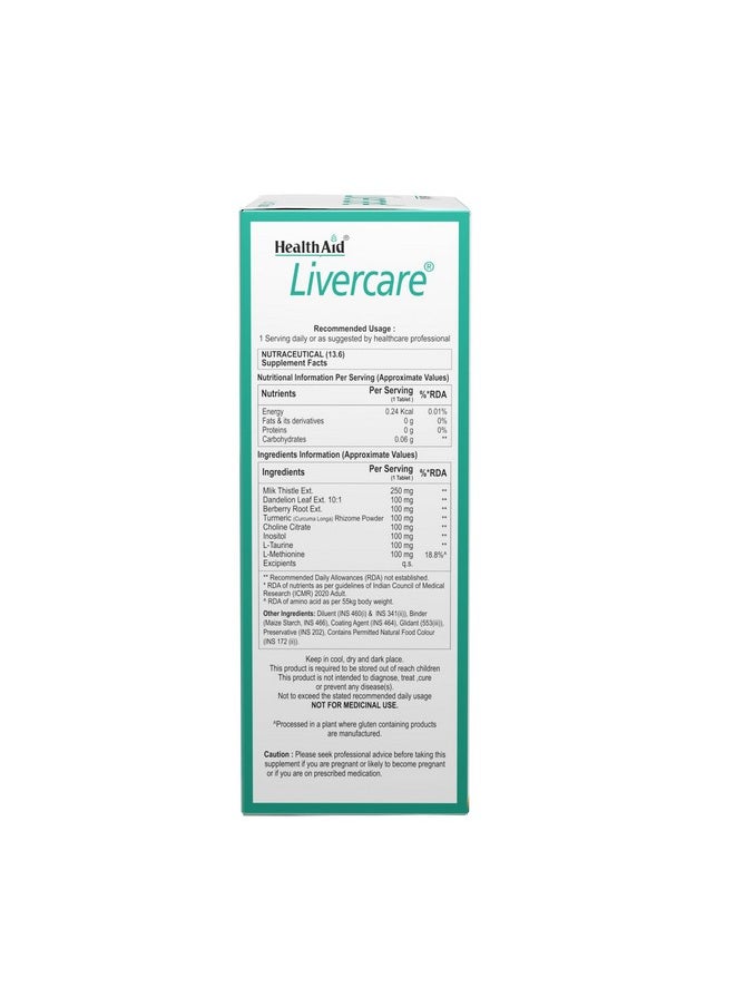 هيلث آيد - HealthAid Livercare | مكمل غذائي لتنقية الكبد يحتوي على مستخلص شوك الحليب والهندباء والكولين والإينوزيتول لدعم صحة الكبد | يساعد في علاج مشاكل الكبد الدهنية، مع تركيبة طبيعية لتنقية الكبد - 60 قرصًا نباتيًا - Image 1