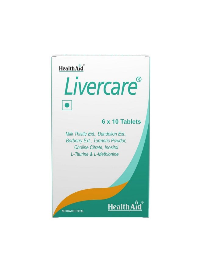 هيلث آيد - HealthAid Livercare | مكمل غذائي لتنقية الكبد يحتوي على مستخلص شوك الحليب والهندباء والكولين والإينوزيتول لدعم صحة الكبد | يساعد في علاج مشاكل الكبد الدهنية، مع تركيبة طبيعية لتنقية الكبد - 60 قرصًا نباتيًا - Image 1