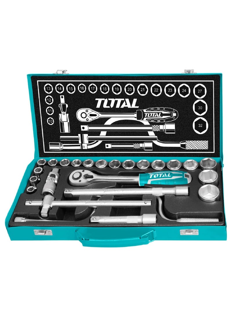 TOTAL 24 Pcs 1/2 Socket Set Tool Set Ratchet Socket Wrench Spanner Set Chrome Vanadium Hand Tool Kit - Image 1
