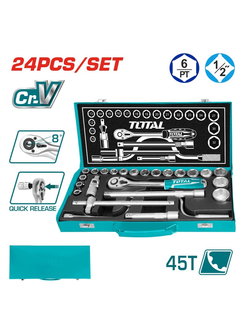 TOTAL 24 Pcs 1/2 Socket Set Tool Set Ratchet Socket Wrench Spanner Set Chrome Vanadium Hand Tool Kit - Image 2