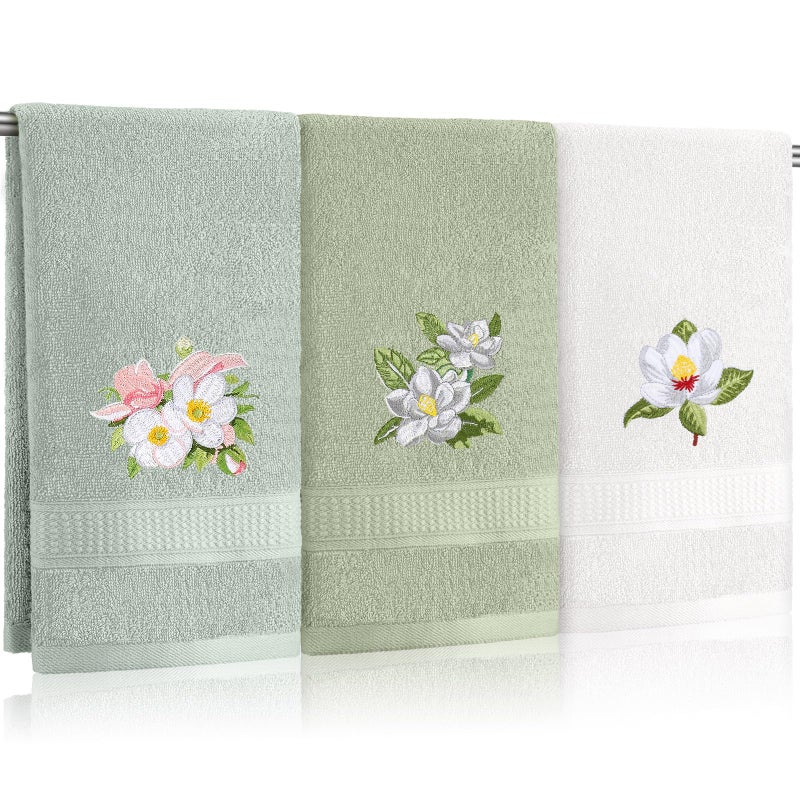 Tingjoo Magnolia Floral Hand Towels Farmhouse Green White Magnolia Bathroom Decor 14x29 Inch Embroidered Decorative Cute Summer Flowers Cotton Soft Absorbent Hand Towels for Bathroom Kitchen - Image 1