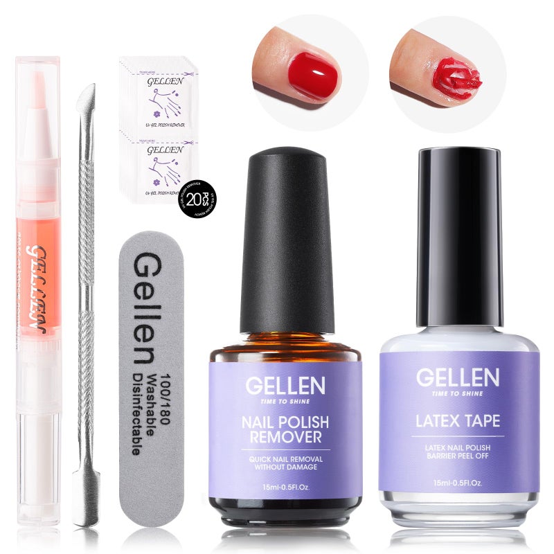 Gellen Gel Polish Remover Kit - Gel Nail Polish Remover with Latex Tape Peel Off Liquid and Manicure Tools, Quick & Easy Gel Polish Remover in 2-5 minutes, No Damage to Nails - Image 1