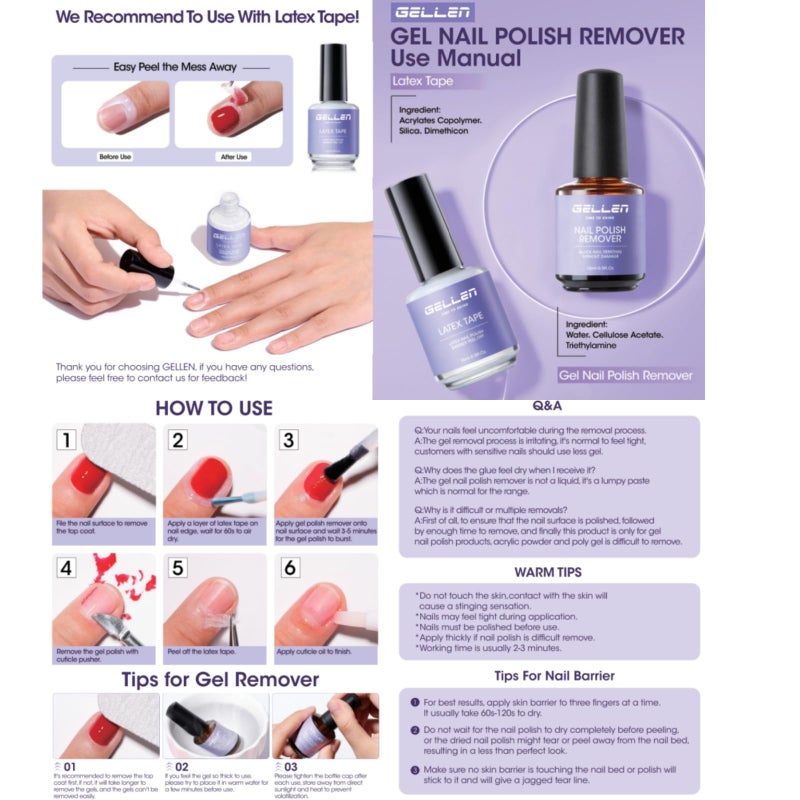Gellen Gel Polish Remover Kit - Gel Nail Polish Remover with Latex Tape Peel Off Liquid and Manicure Tools, Quick & Easy Gel Polish Remover in 2-5 minutes, No Damage to Nails - Image 4