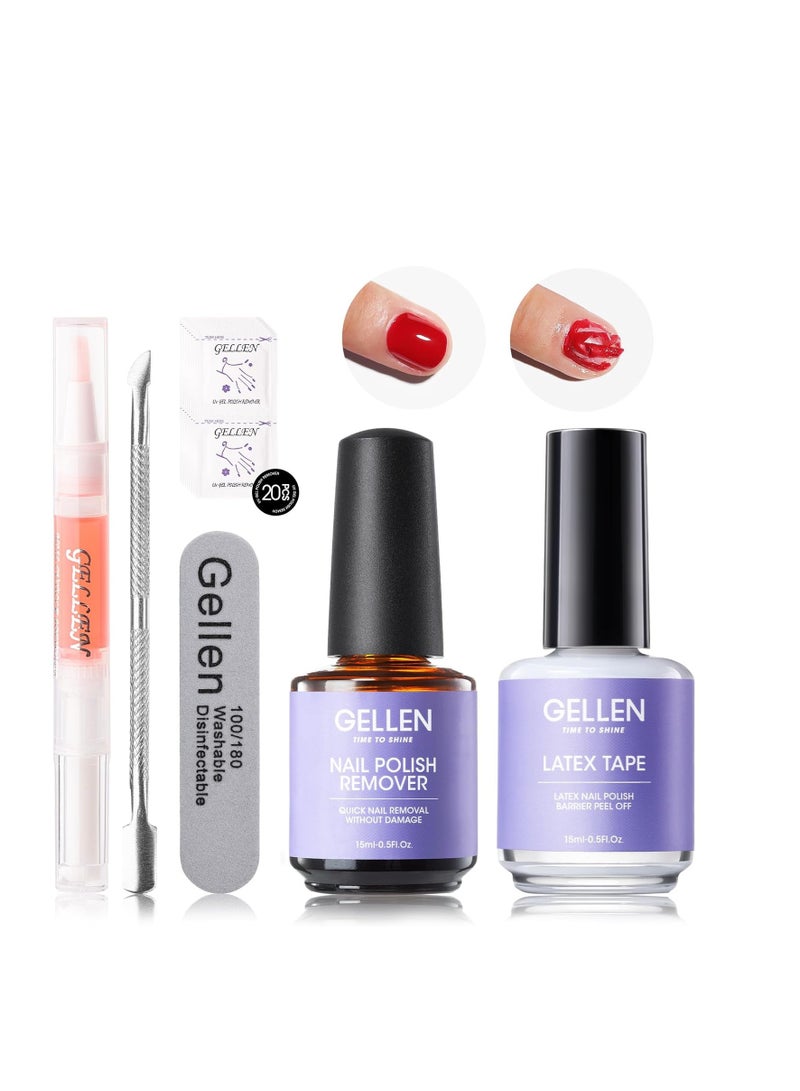 Gellen Gellen Gel Polish Remover Kit - Gel Nail Polish Remover with Latex Tape Peel Off Liquid and Manicure Tools, Quick & Easy Gel Polish Remover in 2-5 minutes, No Damage to Nails  - Image 1
