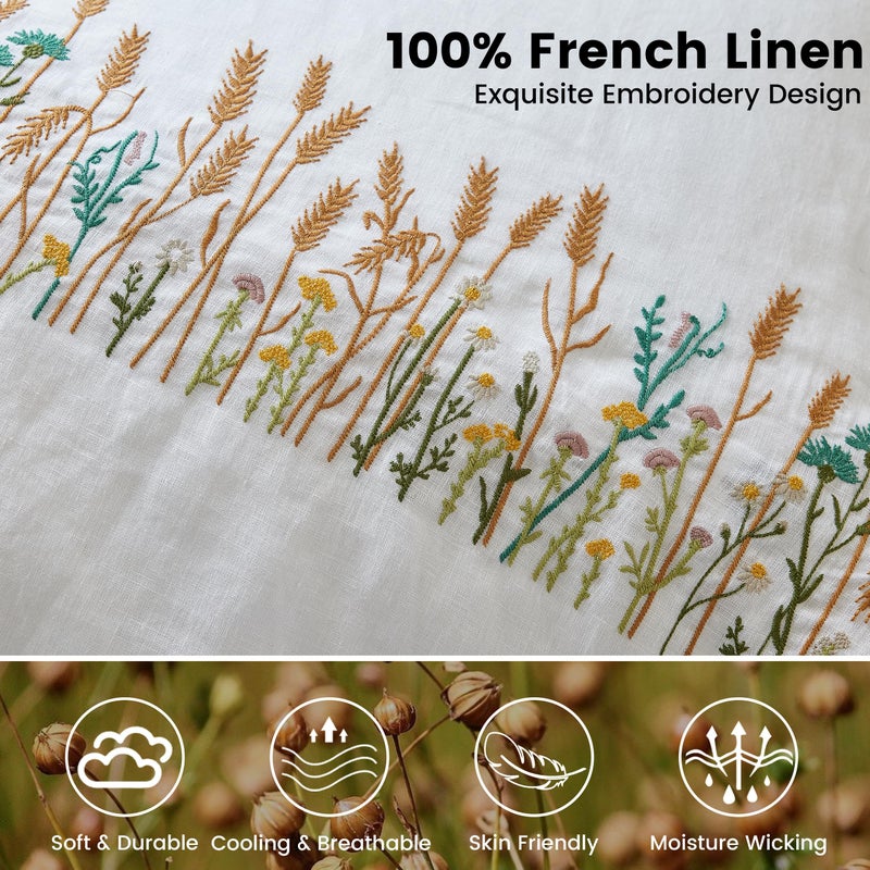 Simple&Opulence 100% Linen Euro Shams 26'' x 26'' Pack of 2, Embroidery Wheat Design Natural Flax Farmhouse Decorative Square Throw Pillow Covers for Bed Couch Sofa - White - Image 2