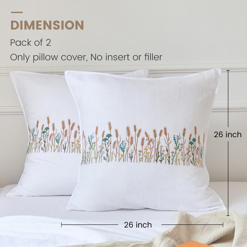 Simple&Opulence 100% Linen Euro Shams 26'' x 26'' Pack of 2, Embroidery Wheat Design Natural Flax Farmhouse Decorative Square Throw Pillow Covers for Bed Couch Sofa - White - Image 5