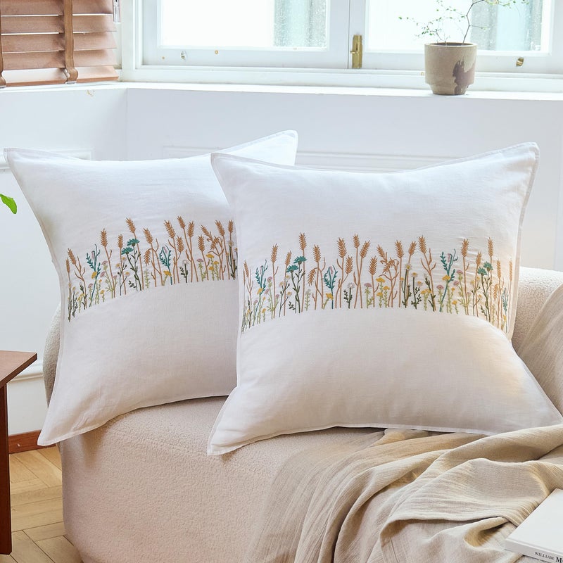 Simple&Opulence 100% Linen Euro Shams 26'' x 26'' Pack of 2, Embroidery Wheat Design Natural Flax Farmhouse Decorative Square Throw Pillow Covers for Bed Couch Sofa - White - Image 1