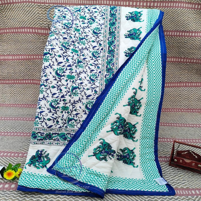 LushHavenDecor LushHavenDecor Rajasthani Traditional Cotton and Microfiber Jaipuri razai ac Blanket Blue Camel Animal Print with Floral Design Single Bed Both Sided Jaipuri Quilt 55 x 85 inch Blue  - Image 2