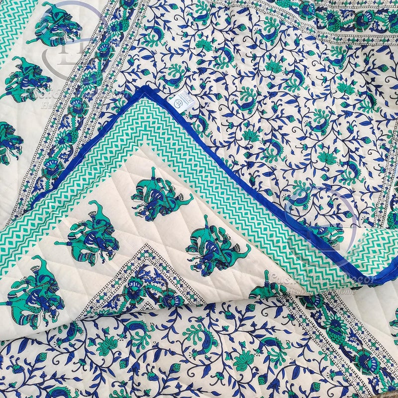 LushHavenDecor LushHavenDecor Rajasthani Traditional Cotton and Microfiber Jaipuri razai ac Blanket Blue Camel Animal Print with Floral Design Single Bed Both Sided Jaipuri Quilt 55 x 85 inch Blue  - Image 5