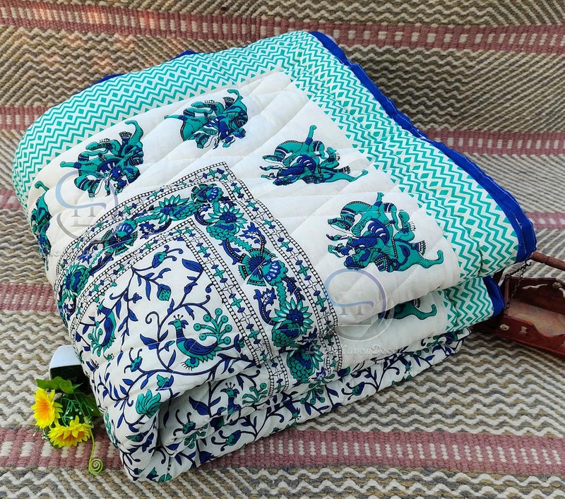 LushHavenDecor LushHavenDecor Rajasthani Traditional Cotton and Microfiber Jaipuri razai ac Blanket Blue Camel Animal Print with Floral Design Single Bed Both Sided Jaipuri Quilt 55 x 85 inch Blue  - Image 1