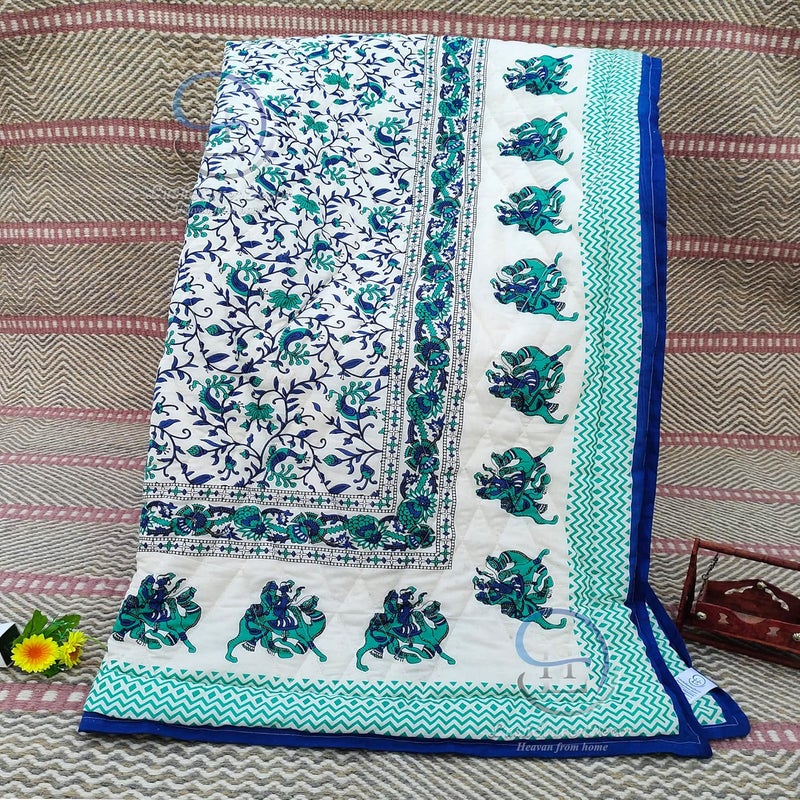 LushHavenDecor LushHavenDecor Rajasthani Traditional Cotton and Microfiber Jaipuri razai ac Blanket Blue Camel Animal Print with Floral Design Single Bed Both Sided Jaipuri Quilt 55 x 85 inch Blue  - Image 3
