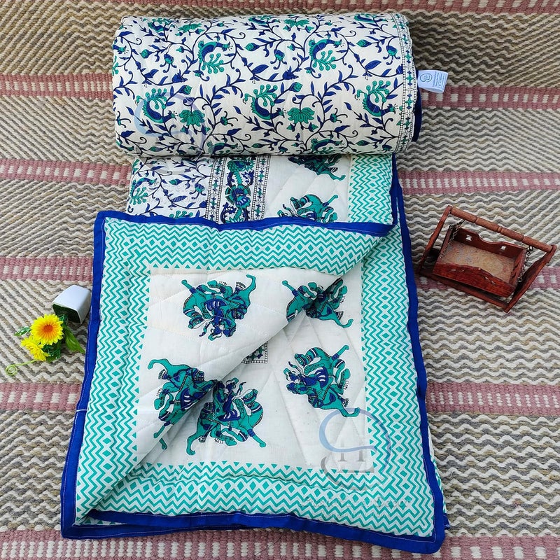 LushHavenDecor LushHavenDecor Rajasthani Traditional Cotton and Microfiber Jaipuri razai ac Blanket Blue Camel Animal Print with Floral Design Single Bed Both Sided Jaipuri Quilt 55 x 85 inch Blue  - Image 4