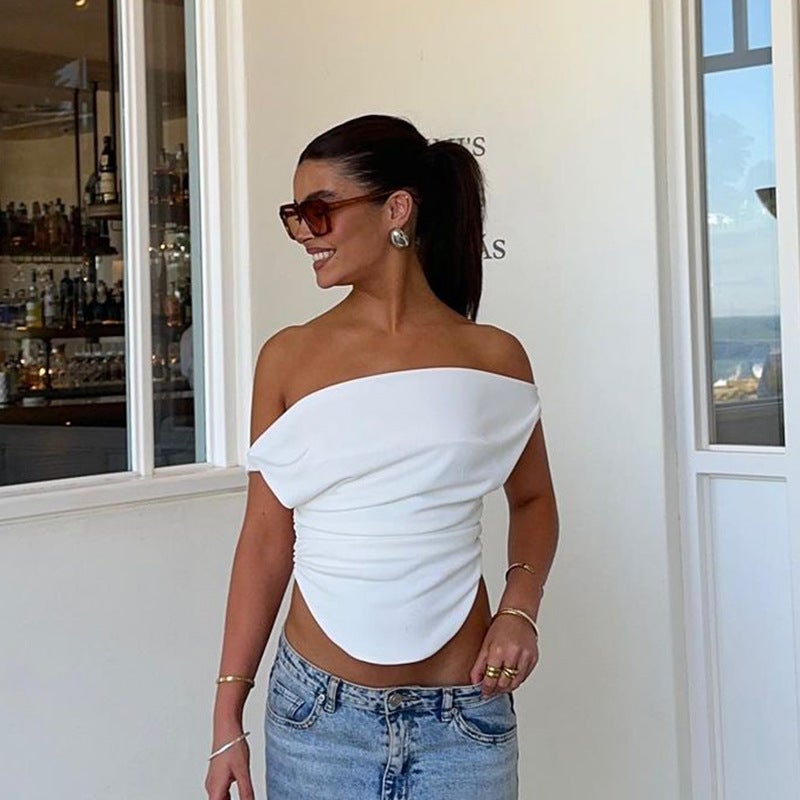 Jf24107 Summer Slim-Fit All-Match T-Shirt -Style Shoulder Pleated Slim-Fit Curved Pendulum Top - Image 1