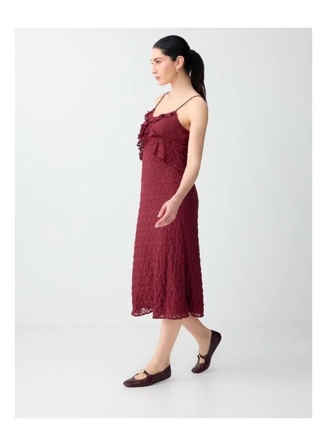 Jimmy Key Burgundy Slim-Fit V-Neck Midi Dress with Lace Details.