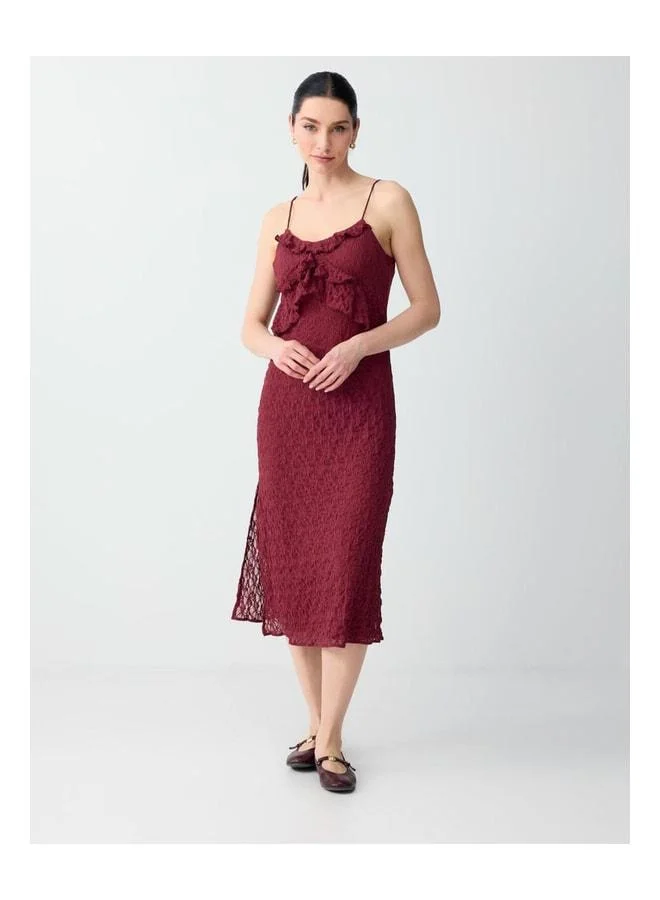 Jimmy Key Burgundy Slim-Fit V-Neck Midi Dress with Lace Details.