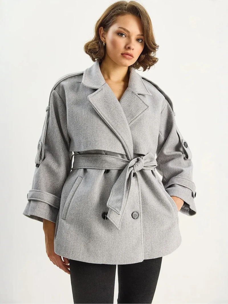 Bianco Lucci LUCCI Double Breasted Coat with Belt