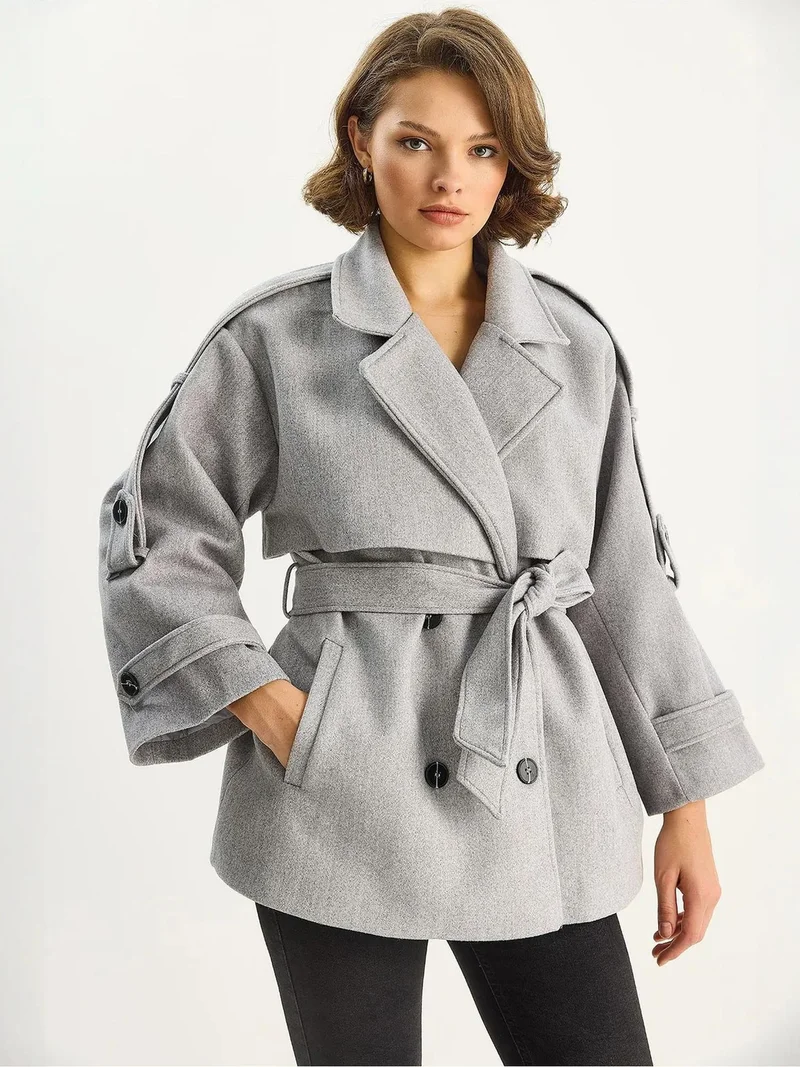 Bianco Lucci LUCCI Double Breasted Coat with Belt