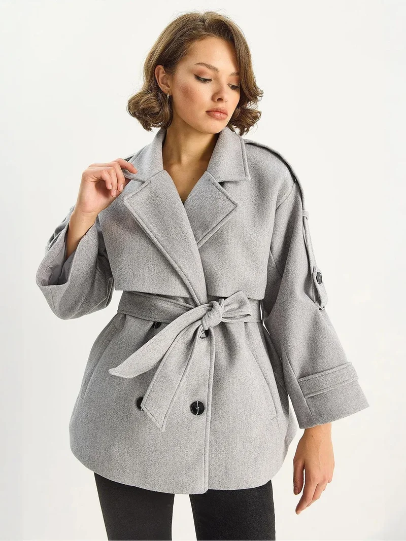 Bianco Lucci LUCCI Double Breasted Coat with Belt