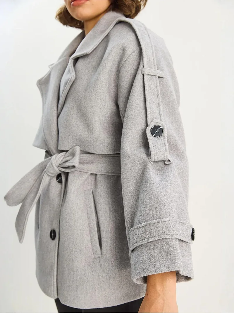 Bianco Lucci LUCCI Double Breasted Coat with Belt
