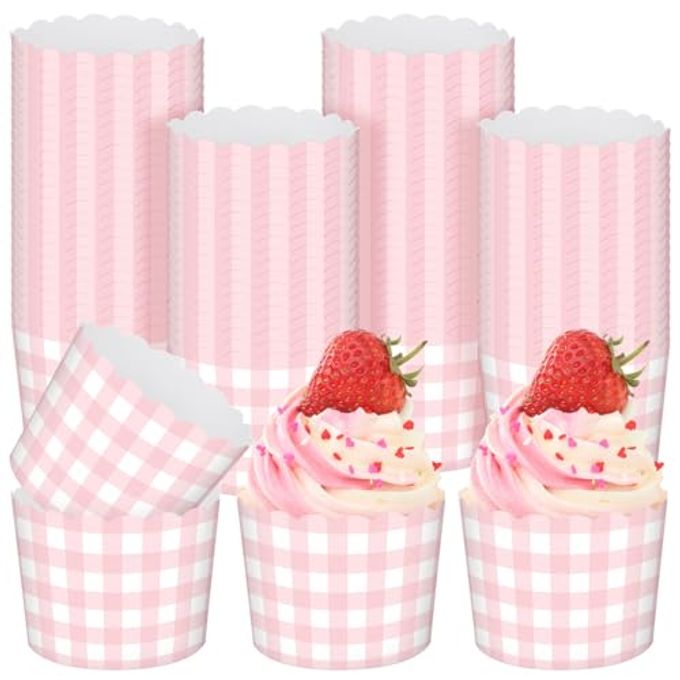 Vesici 150 Pcs Pink Gingham Party Supplies 5 oz Ice Cream Cups Scalloped Gingham Cupcake Cups Paper Cupcake Wrappers Muffin Cases for Birthday Wedding Bridal Shower Tea Party Supplies