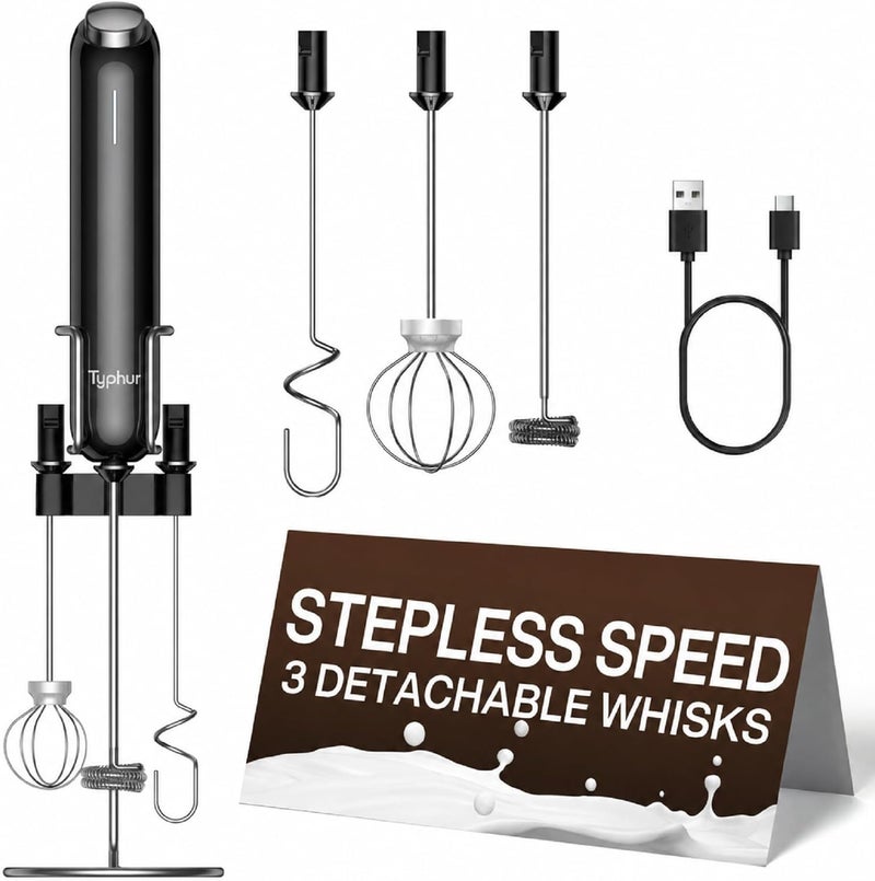 Typhur InstaWhisk Handheld Milk Frother, Variable Speed 1600-10000 RPM, 3 Detachable Whisk Heads, USB-C Rechargeable Coffee Frother Wand for Latte, Cappuccino, Flat White, Hot Chocolate, Oat Milk - Image 1