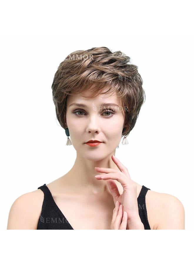 EMMOR Short Brown Human Hair Wigs for Women Blend Pixie Cut Wig With Bang,Natural Daily Use Hair (Color 8T20) - Image 1