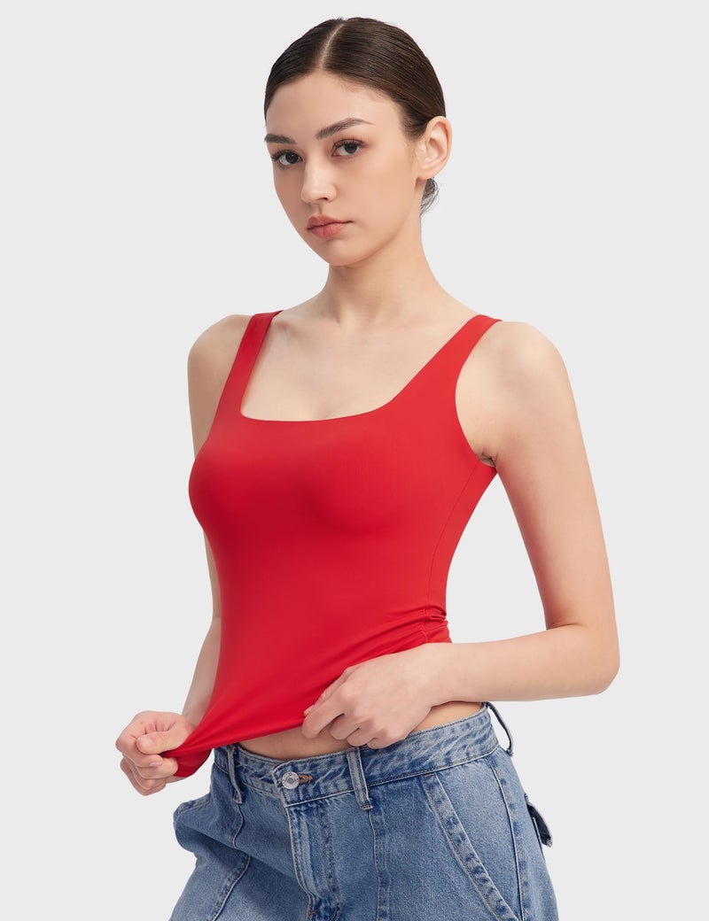 PUMIEY Women's Square Neck Tank Tops Sleeveless Double Lined Basic Going Out Top, Ruby Medium - Image 3
