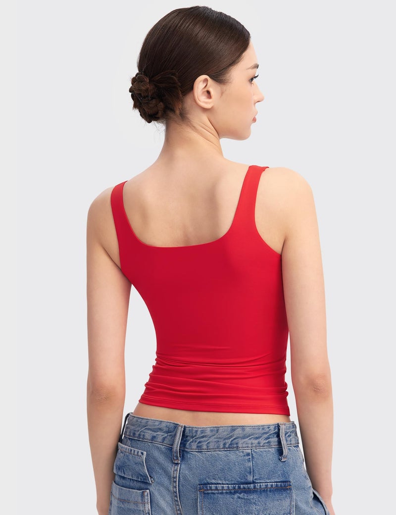 PUMIEY Women's Square Neck Tank Tops Sleeveless Double Lined Basic Going Out Top, Ruby Medium - Image 4