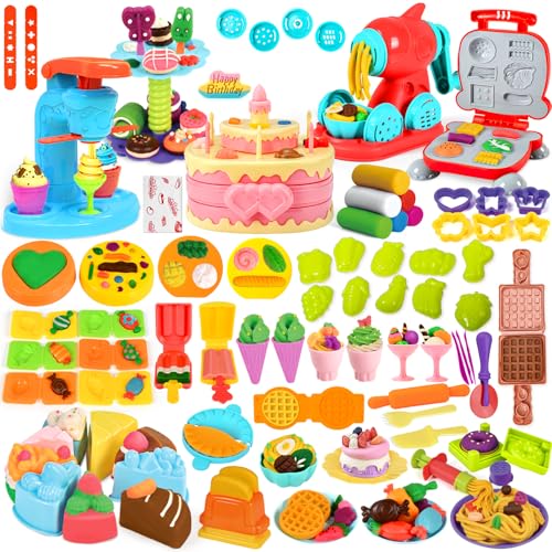 Aprilwolf 99 PCS 5 in 1 Dough Sets for Kids Ages 348 Art Crafts Dough Tools Kit Ice Cream Playset Noodle Hamburger Cake Maker Machine Dessert Rack Kitchen Creations Food Play Toys Toddlers Boys Girls - Image 1