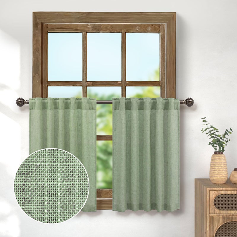 Pitalk Sage Green Small Linen Curtains for Kitchen Farmhouse 24 Inch Length 2 Panels Back Tab Pocket Light Filtering Semi Sheer Short Light Green Bathroom Curtain for Half Windows RV Camper Cabinet Cupboards - Image 1