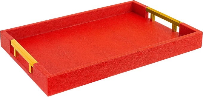 MODERN ELEGANT 18X12 RECTANGLE RED SHAGREEN FAUX LEATHER DECORATIVE TRAY OTTOMAN COFFEE TABLE PERFUME LIVING ROOM KITCHEN SERVING TRAY WITH GOLD POLISHED METAL HANDLES BY