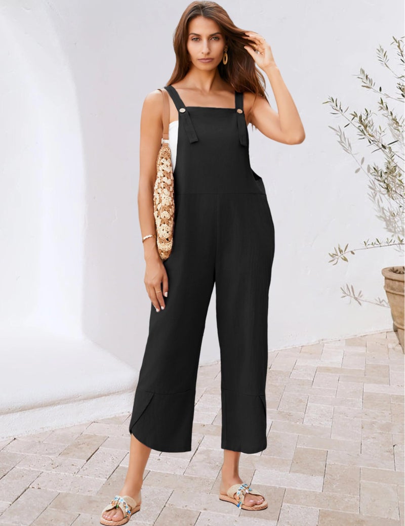 UANEO Womens Cotton Adjustable Casual Summer Bib Overalls Jumpsuits with Pockets (Black, Large) - Image 2