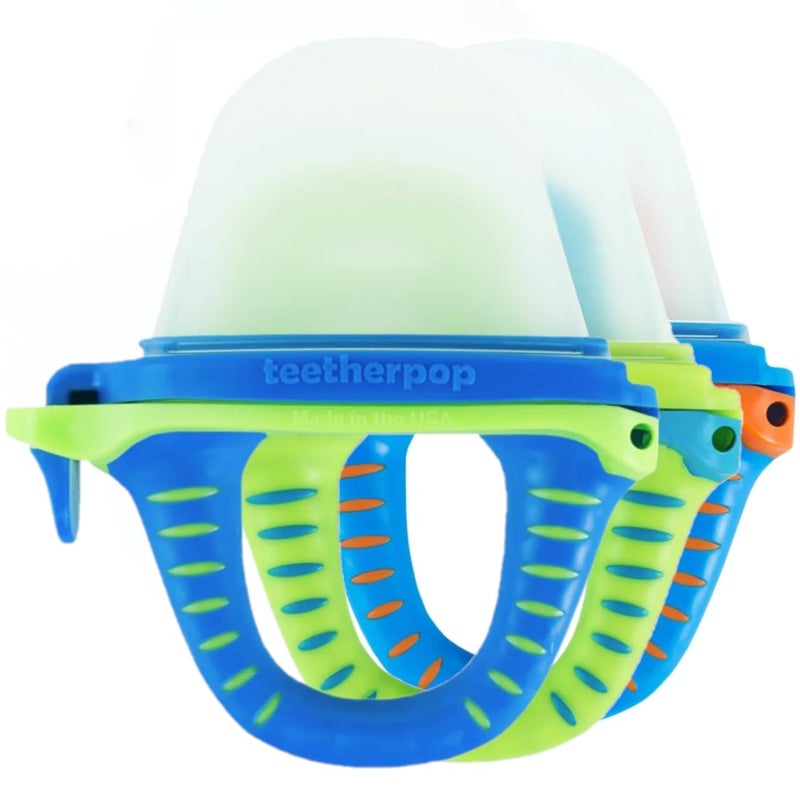 Teetherpop Fillable Silicone Teether for Babies - Breastmilk Popsicle Molds for Teething with Spill-Proof Sippy Slits - Freezable Baby Teethers for Liquids & Purées - Cooling Relief (3-Pack-Blues) - Image 1