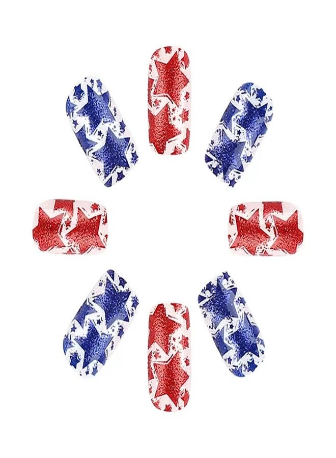 CTTHNBD 4th of July Press on Nails Short Square Fake Nails Red Blue Star False Nails with Glitter Glossy Glue on Nails Independence Day Acrylic Nails Full Cover Stick on Nails for Women Manicure 24Pcs - Image 4