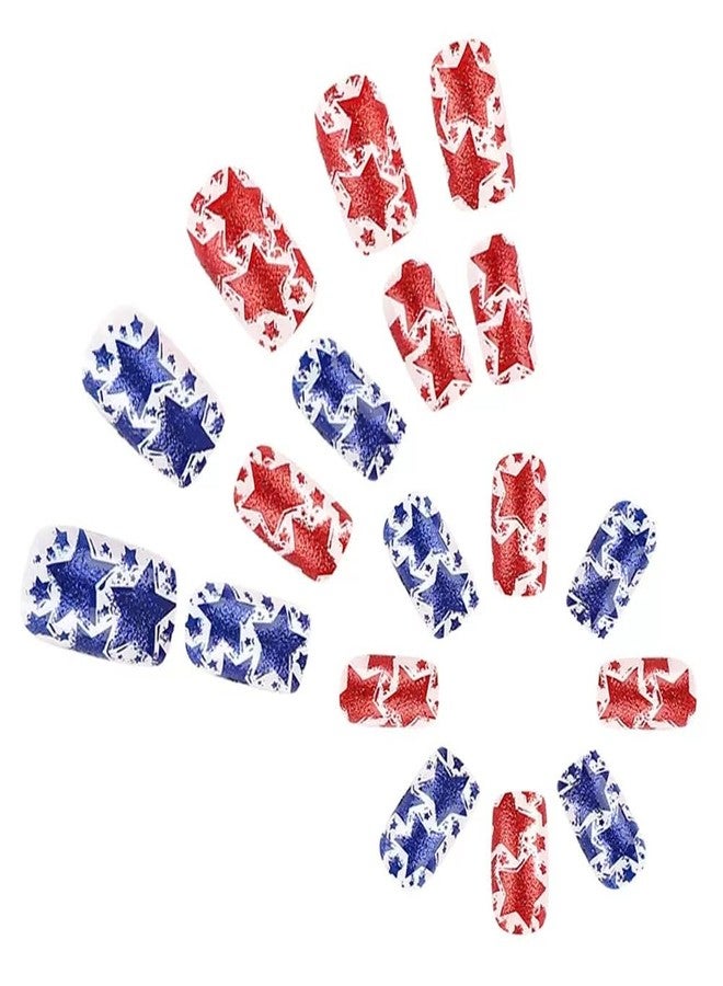 CTTHNBD 4th of July Press on Nails Short Square Fake Nails Red Blue Star False Nails with Glitter Glossy Glue on Nails Independence Day Acrylic Nails Full Cover Stick on Nails for Women Manicure 24Pcs - Image 3