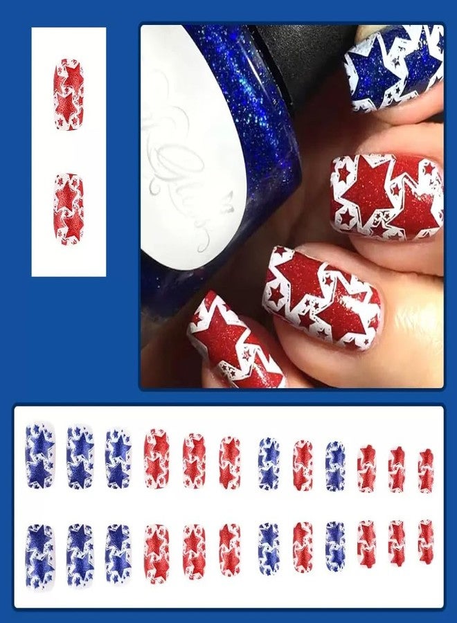 CTTHNBD 4th of July Press on Nails Short Square Fake Nails Red Blue Star False Nails with Glitter Glossy Glue on Nails Independence Day Acrylic Nails Full Cover Stick on Nails for Women Manicure 24Pcs - Image 2