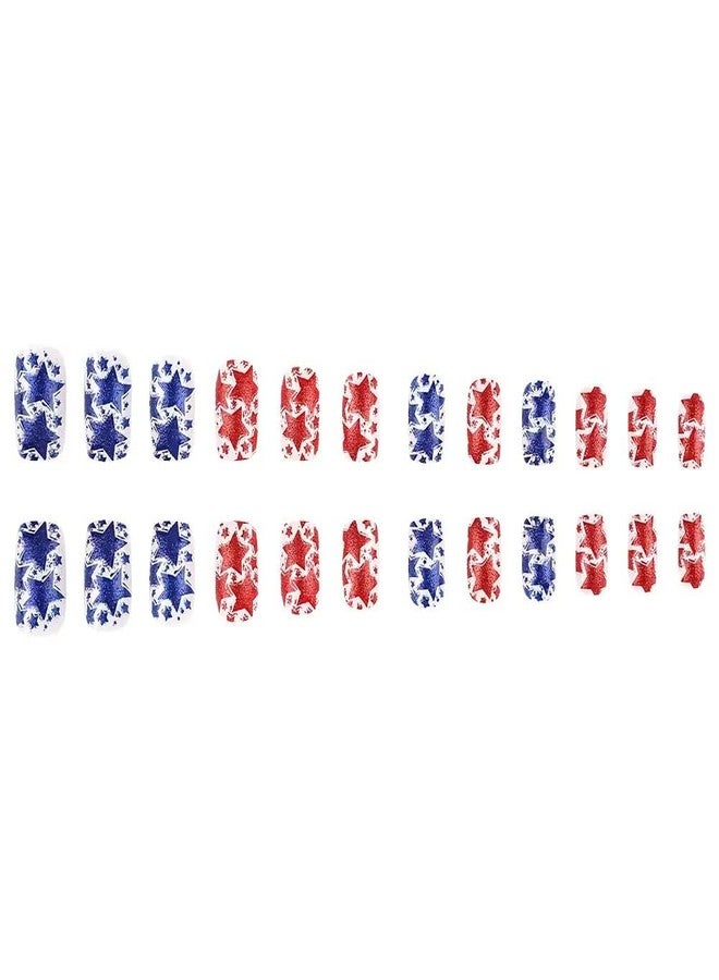CTTHNBD 4th of July Press on Nails Short Square Fake Nails Red Blue Star False Nails with Glitter Glossy Glue on Nails Independence Day Acrylic Nails Full Cover Stick on Nails for Women Manicure 24Pcs - Image 5