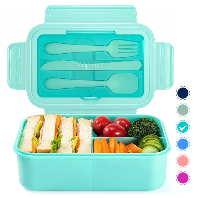 Caperci Classic Bento Box Adult Lunch Box for Older Kids  Leakpoof 47 oz 3Compartment Lunch Containers for Adults and Teens Builtin Utensil Set Ideal for OntheGo Balanced Eating Aqua