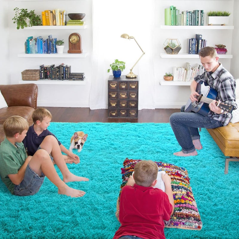ISEAU Fluffy Rug Carpets Soft Shaggy Area Rugs Indoor Floor Mats for Kids Room Fuzzy Carpet Comfy Cute Nursery Mat Bedside Rug for Boys Girls Bedroom Living Room Home Decor, 6ft x 9ft, Teal Blue - Image 5