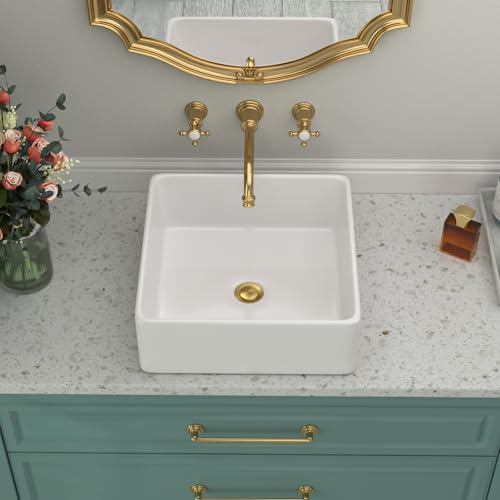 Beslend White Bathroom Vessel Sink - Beslend 15x15 Inch White Ceramic Porcelain Square Bathroom Sink Lavatory Modern Art Basin - Image 2