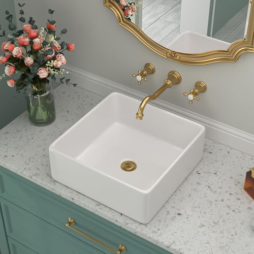 Beslend White Bathroom Vessel Sink - Beslend 15x15 Inch White Ceramic Porcelain Square Bathroom Sink Lavatory Modern Art Basin - Image 1