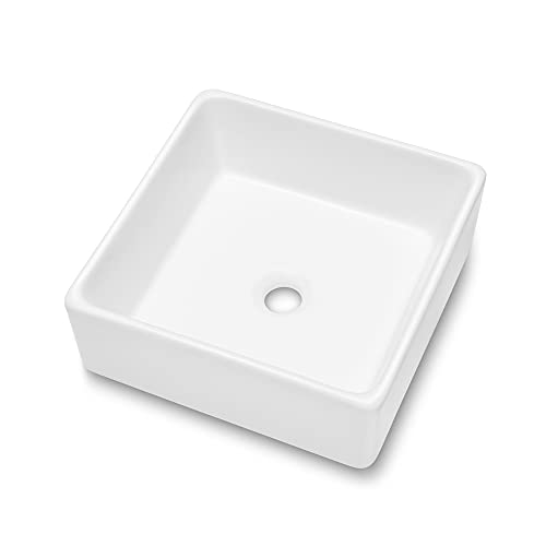 Beslend White Bathroom Vessel Sink - Beslend 15x15 Inch White Ceramic Porcelain Square Bathroom Sink Lavatory Modern Art Basin - Image 4
