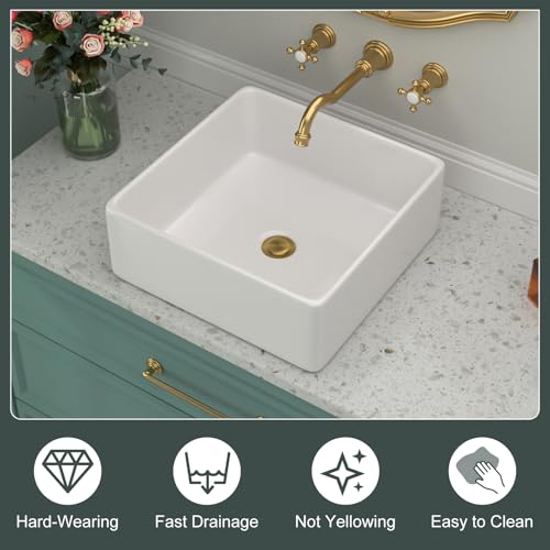 Beslend White Bathroom Vessel Sink - Beslend 15x15 Inch White Ceramic Porcelain Square Bathroom Sink Lavatory Modern Art Basin - Image 5