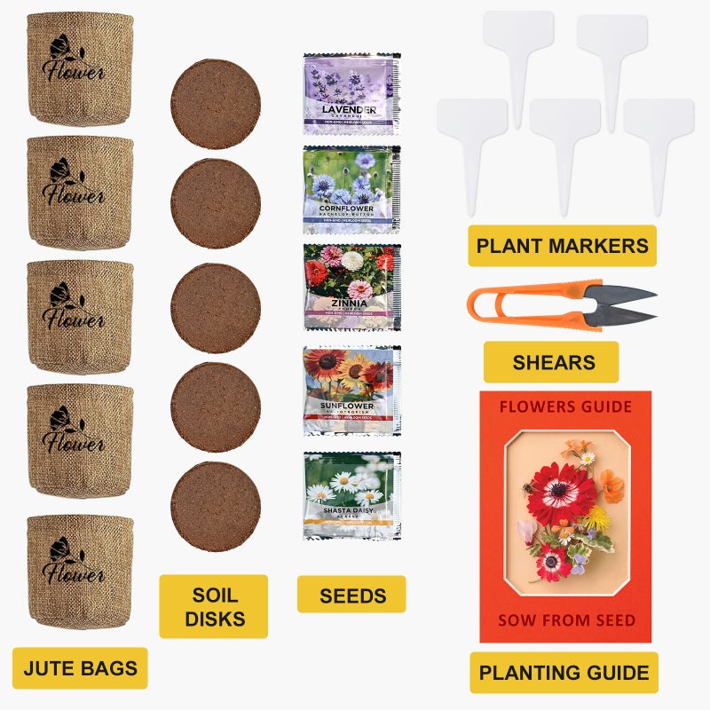 Meekear Indoor Daisy Garden Starter Kit with Gardening Tools - Jute Bags, Markers, Soil Disks and Shears, Home Gardening Gifts for Women Men Plant Lovers - Image 2