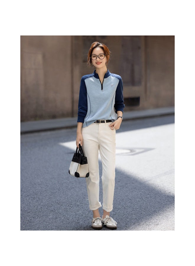 dme Demana Winter Korean Style Zipper Half-placket Stand Collar Color-block Applique Slim Fit Women's T-shirt - Image 3